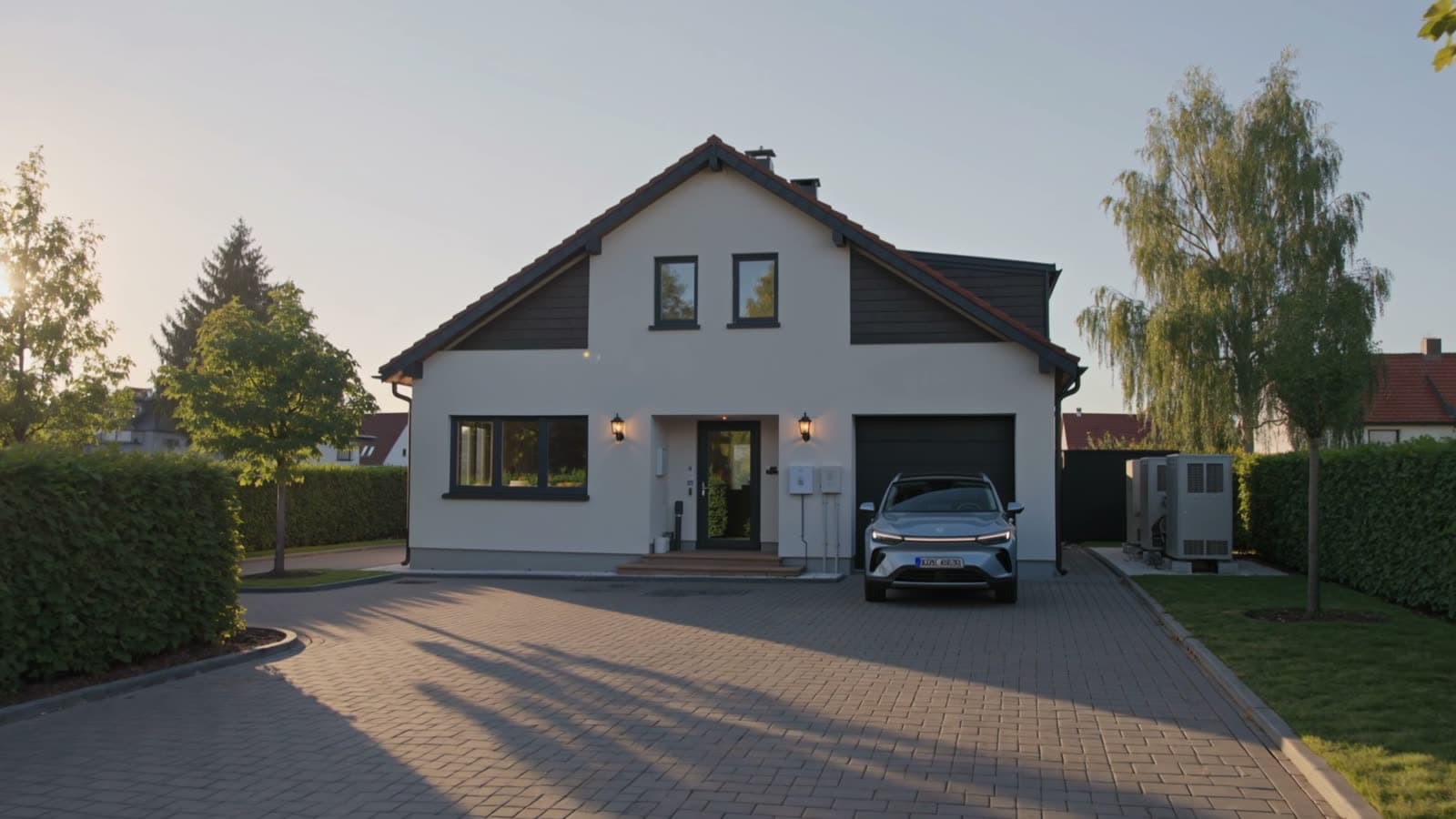 Einfamilienhaus mit Wärmepumpe und E-Auto in der Einfahrt